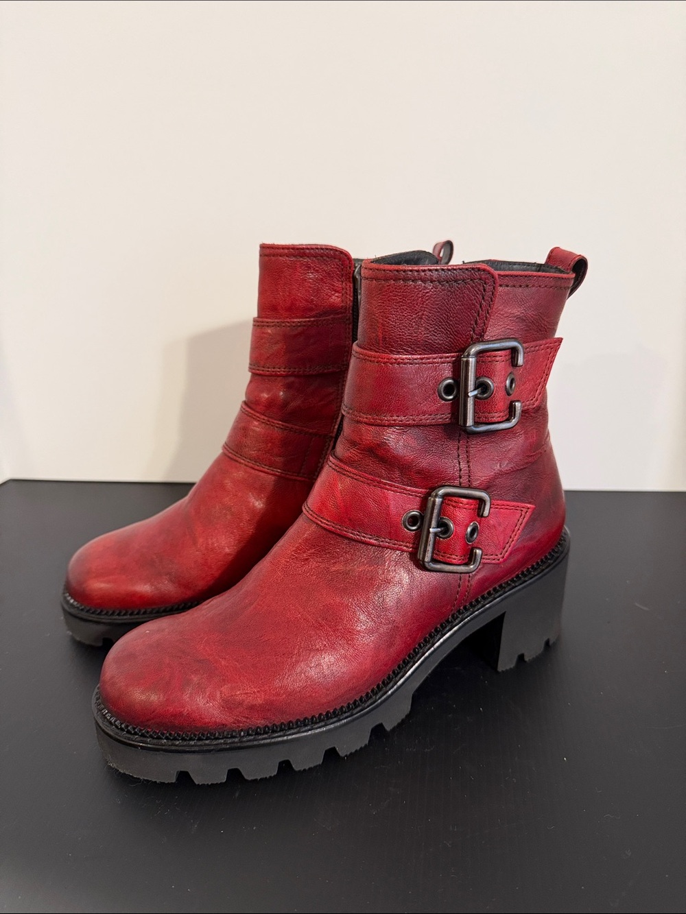 Paul Green Women's Red Leather Buckle Ankle Boots